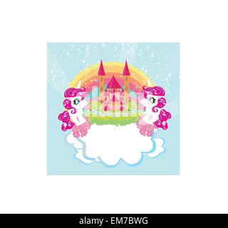 Card with a cute unicorns rainbow and fairy-tale princess castle Stock Vector