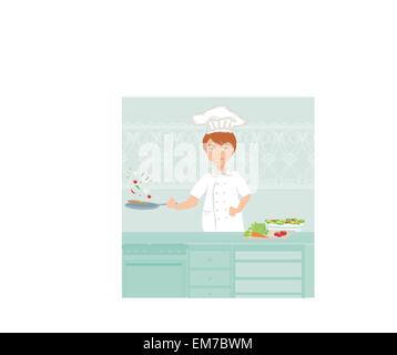 Cheerful chef cooks in the kitchen Stock Vector