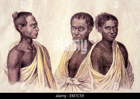 C.1816, Illustration Of Three Hawaiian Men. Artist, Louis Choris. Stock Photo