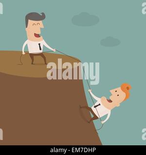 Businessman on the top of a rock helping an other businessman to Stock Vector