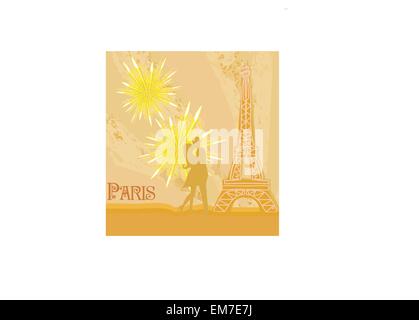 Romantic couple in Paris kissing near the Eiffel Tower Stock Vector