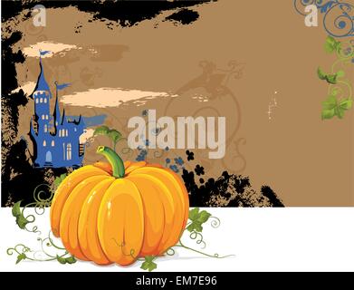 Pumpkins, bats and spiders on the orange Halloween background Stock Vector