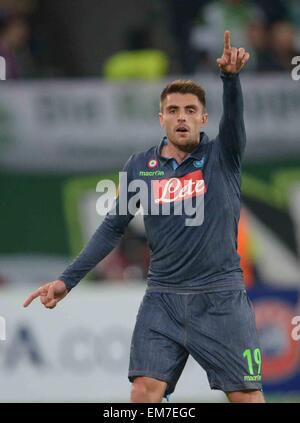 Wolfsburg, Germany. 16th Apr, 2015. Napoli's David Lopez gestures at the Europa League quarter finals first-leg match between VfL Wolfsburg and SSC Napoli in the Volkswagen Arena in Wolfsburg, Germany, 16 April 2015. Photo: PETER STEFFEN/dpa/Alamy Live News Stock Photo
