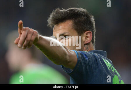 Wolfsburg, Germany. 16th Apr, 2015. Napoli's Christian Maggio gestures at the Europa League quarter finals first-leg match between VfL Wolfsburg and SSC Napoli in the Volkswagen Arena in Wolfsburg, Germany, 16 April 2015. Photo: PETER STEFFEN/dpa/Alamy Live News Stock Photo