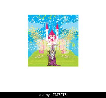 wizard uses magic in front of fairy-tale castle Stock Vector