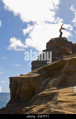 Hawaii, Oahu, Lanikai, Woman Doing Yoga On The Beach At Sunrise Stock ...