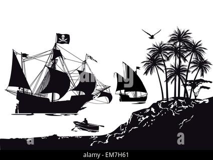 Pirate ship with tropical Pirate Island Stock Vector