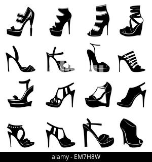 Sixteen various stylish models of women footwear Stock Vector