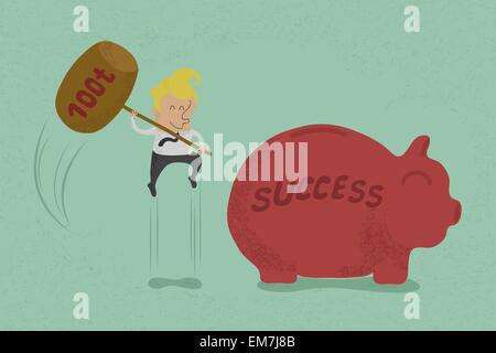 Businessman with hammer about to smash piggy bank to success , e Stock Vector