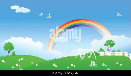 Spring scene with rainbow Stock Vector