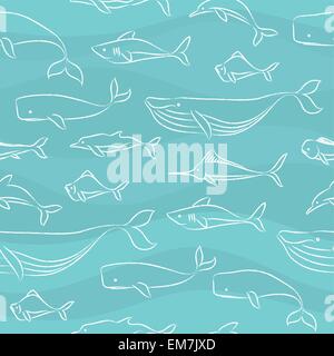 Seamless Doodle Pattern - Big Fishes Stock Vector
