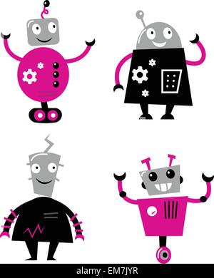 Cute retro robots set isolated on white ( pink and black ) Stock Vector