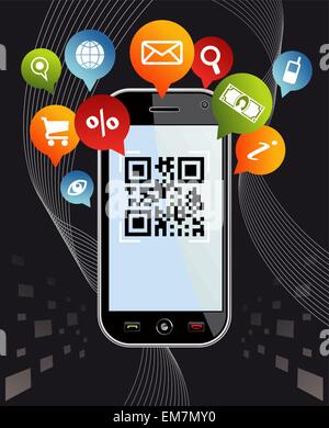 Go social via Smartphone: QR code application on black Stock Vector