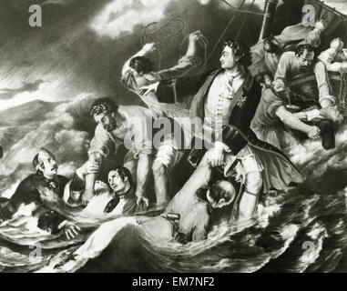 Peter the Great (1672-1725). Tsardom of Russian.The Tsar helping some castaways. The icy water caused his death. Engraving. Stock Photo