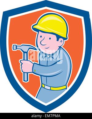 Carpenter Builder Hammer Shield Cartoon Stock Vector