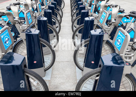 Barclays cycle hire scheme. Boris Bikes parked in their docking stations, London, England, UK Stock Photo