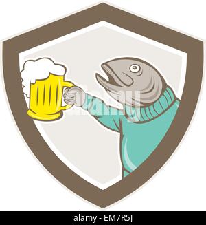 Trout Fish Holding Beer Mug Shield Cartoon Stock Vector