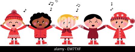 Happy smiling caroling multicultural kids singing song Stock Vector