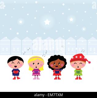 Cute Christmas Carroling Children singing in Town Stock Vector