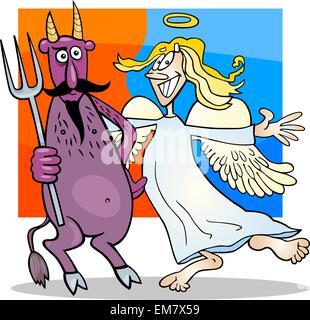 Cartoon Humorous Illustration of Angel and Devil in Friendship Stock