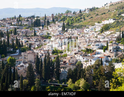 View of historic Moorish buildings in the Albaicin district of Granada, Spain seen from the Alhambra Stock Photo