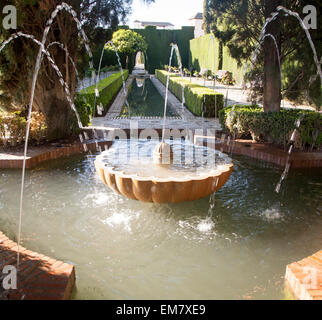 Water fountains, Lower Generalife palace gardens, Alhambra, Granada, Spain Stock Photo