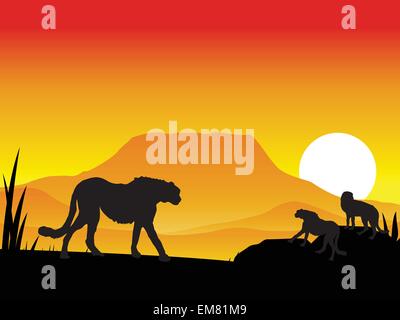 silhouette cheetah on savana Stock Vector