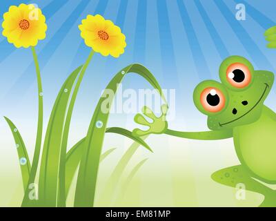 cartoon frog with flower background Stock Vector