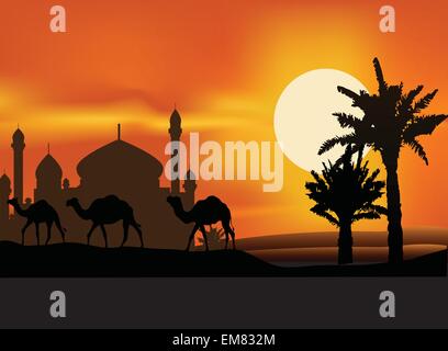 camel trip with mosque background Stock Vector
