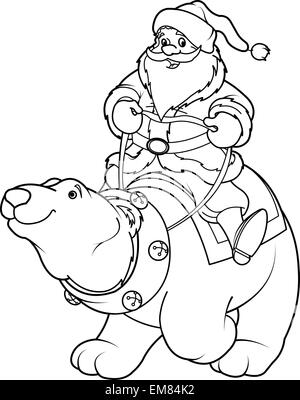 Santa Claus riding on polar bear coloring page Stock Vector