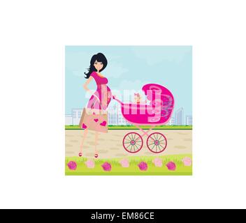 beautiful pregnant woman pushing a stroller with her daughter Stock Vector