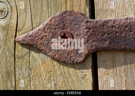 rusty hinge on old wooden barn door Stock Photo