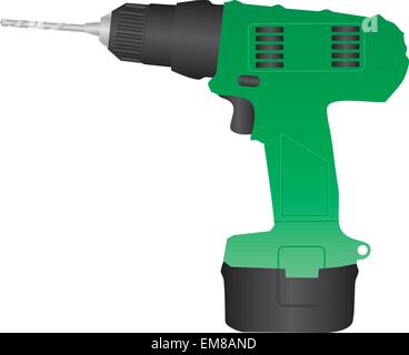 A vector illustration of a Green and Black Rechargeable Battery Screwdriver Drill with a masonry drill bit in the chuck isolated on white Stock Vector