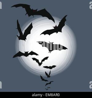 Halloween background - flying bats in full moon Stock Vector