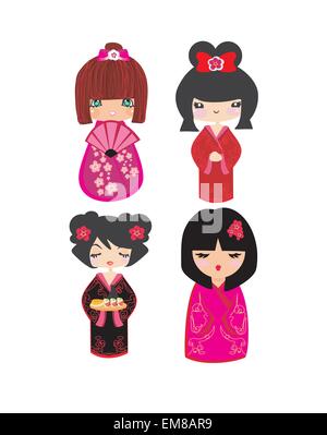 Kokeshi dolls in various designs isolated on white. Stock Vector