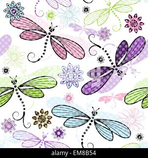 Spring seamless floral pattern with dragonflies Stock Vector
