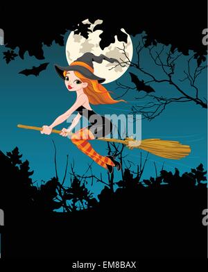 Halloween background with cute witch flying on her broom. Vector ...