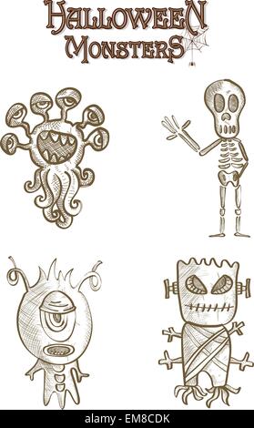 Halloween monsters scary sketch style cartoons set EPS10 file. Stock Vector