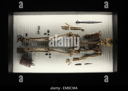 Prague, Czech Republic. 16th April 2015. Great Moravian burial displayed at the exhibition 'Great Moravia and the Beginnings of Christianity' in Prague, Czech Republic. The exhibition presenting medieval treasures and original artefacts of the first Slavic state runs in Prague Castle till June 28, 2015. Stock Photo