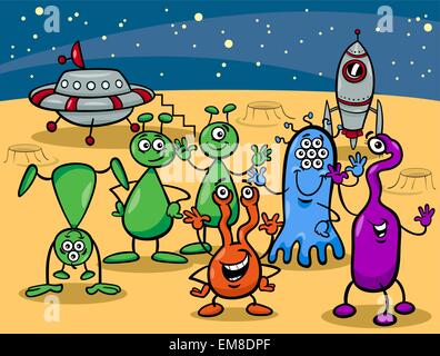 Cartoon Illustration of Happy Aliens Fantasy Characters Group Stock ...