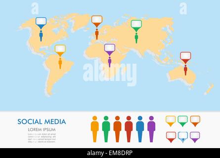 World map, men figures and geo position pointers infographics. Stock Vector