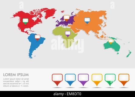 World map, geo position pointers infographics EPS10 file. Stock Vector