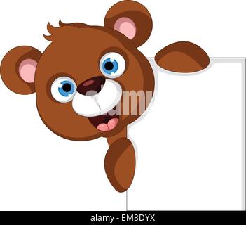 cute baby brown bear cartoon posing with blank sign Stock Vector