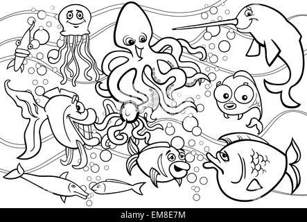 sea life animals group coloring page Stock Vector