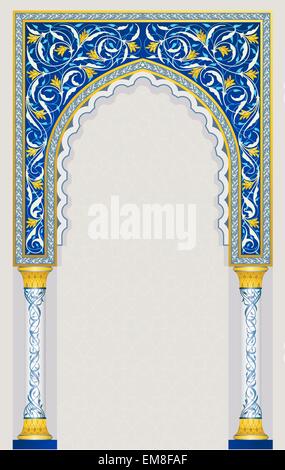 High detailed islamic art arch in classic blue and gold color Stock Vector