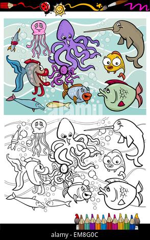 sea life animals group coloring book Stock Vector