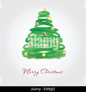 Christmas card with watercolor painted fir tree with multicolored balls Stock Vector