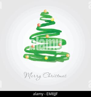 Christmas card with watercolor painted fir tree with multicolored balls Stock Vector