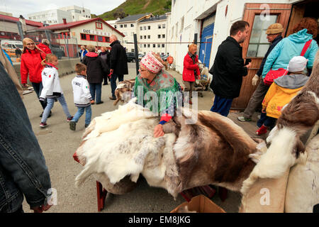 Fur pelts for sale outside a souvenir shop, Honningsvåg, Nordkapp, Finnmark, Norway, Scandinavia, Europe Stock Photo