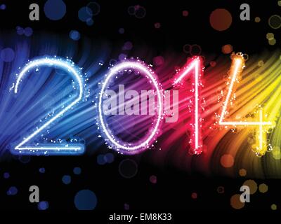 2014 New Year Colorful Waves on Black Background Stock Vector